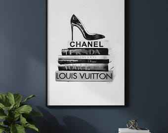 Heel & Designer Books Poster, Timeless Minimalistic Y2K CHANEL Stylish Art, Black And White Print, Stockholm Style, Digital Download