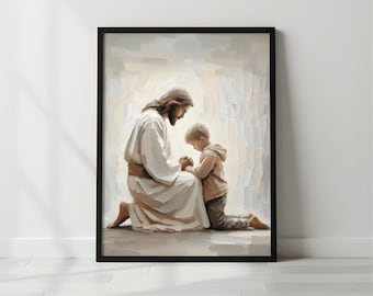 Jesus and Little Boy Praying, Christian Art, Jesus and Boy, Jesus and Kids, Jesus with Children, Jesus Art, Digital LDS Art, Bible Painting
