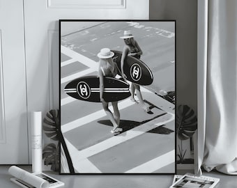 Retro Surfer Girls Black and White Print, Luxury Surf Art, Chanel Aesthetic Wall Decor, Old Money Beach Poster,Fashion Photography Printable
