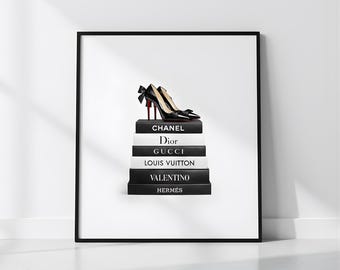 Heel & Designer Books Poster, Timeless Minimalistic Y2K CHANEL Stylish Art, Black And White Print, Stockholm Style, Digital Download