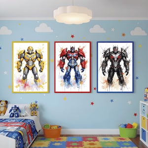 May include: Three framed watercolor prints of robots in a child's bedroom. The robots are in yellow, red, and black, with colorful watercolor accents. The frames are yellow, red, and blue. The room has a blue wall with white clouds and star decals.