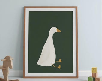 Dummer Gans Poster, süße Gans Wandkunst, dunkelgrüne Junge Kinderzimmer Dekoration, Bauernhof Tier druckbar, Kinderzimmer Illustration, Gans Kinderzimmer