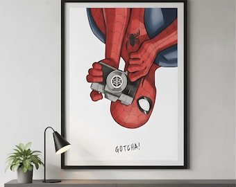 Spider Man Upside Down "Gotcha!" Poster, Marvel Fan Wall Art, Dynamic Superhero Comic Book Print, Digital Download, Kids room decor