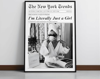 I’m Just a Girl Newspaper Poster, Trendy Feminist Quote Print, Retro Vogue Style Wall Art, Aesthetic Dorm Room Decor, Digital Download