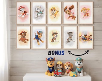 Set of 8 + 2 Bonus Rescue Pups Wall Art, Funny Hero Dog Prints, Kids Room & Playroom Decor, Digital Download