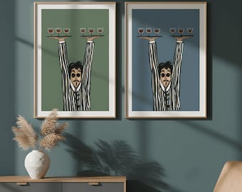 Jack Penny Print Set of 2 Poster, French Waiter Bar Cart Wall Art, Bartender Illustration, Bauhaus Mid Century Printable, Digital Download