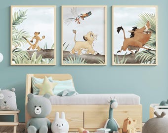 Simba & Friends Poster Set of 3, Lion King Inspired Nursery Wall Art, Safari Animals Kids Room Decor, Digital Download
