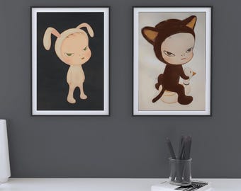 Yoshitomo Nara Poster & Harmless Kitty Set of 2 Wall Art, Yoshitomo Art Print Bundle, Digital Download, Japandi Minimalist Printable Decor
