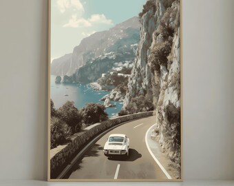 Amalfi Coast Vintage Car Poster, Old Money Aesthetic Italian Coastal Drive, Retro Sports Car Wall Art, Digital Download