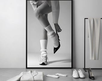 Heels and Sneakers Poster, Black & White Fashion Wall Art, Designer Shoe Print, Trendy Aesthetic Decor, Digital Download