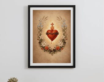 Sacred Heart of Jesus Wall Art, Faith Religious Christian Printable Art for Catholic Home Decor, Digital Download, Prayer Room Poster