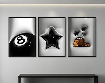 HypeBeast Room Decor Set Of 3, Hypebast kaws Poster, Cool Wall Art Set,, 3D Wall Art Bundle, HypeBeast Trendy Wall Art, Digital Download