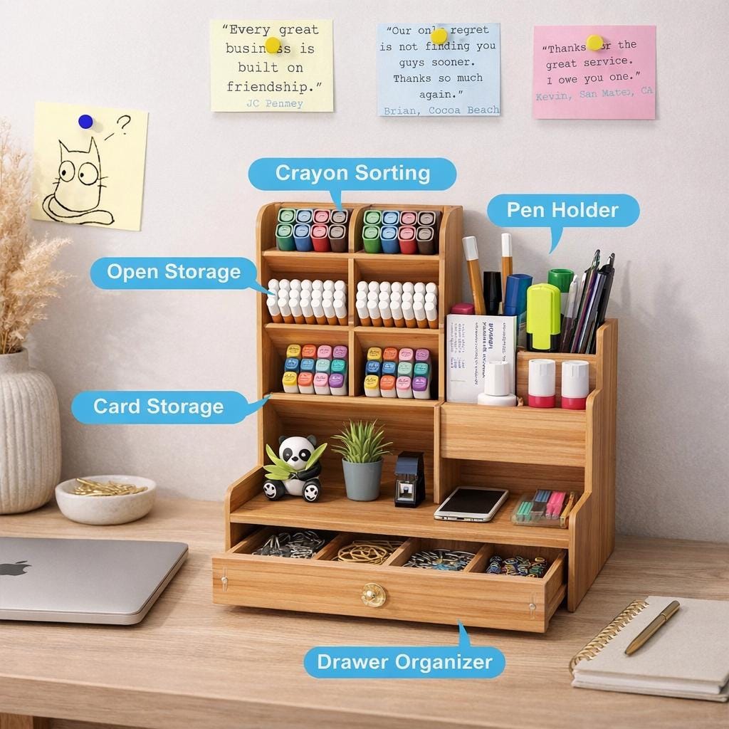 Wooden Desk Organizer With Drawer, Desktop Storage Box, Pen Holder - Etsy