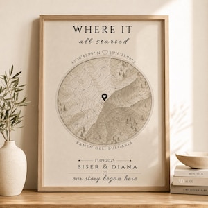 Peut inclure: Une affiche encadrée présentant une carte topographique circulaire de Kamen Del, Bulgarie. Le texte indique WHERE IT all started, 42°36'43.99" N 23°16'33.99" E, 13.09.2025, BISER & DIANA, et our story began here avec une icône de cœur.