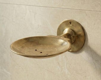 Antike Messing Seifenschale Wand Montiert | Klassischer runder gealterter Patina-Badezimmer-Halter | Vintage Handwerker Seifenschale