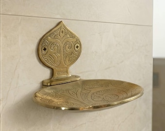 Moroccan Brass Soap Dish Wall Mounted | Arabesque Moorish Arch Engraved | Antique Bathroom Holder Boho