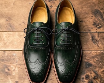 Handmade Men's Oxford Brogues Wingtip Green Genuine Leather Formal Dress Shoes Made For Him