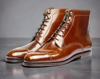 Handmade Men's Brown Leather Stylish Ankle Lace Up Dress Boots Business Boots For Him