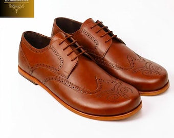 Men's Handmade Brown Leather Wingtip Brogue Derby Shoes Classic Dress Footwear