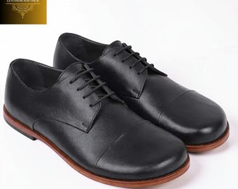Men's Handmade Black Leather Derby Shoes Classic Lace Up Dress Footwear