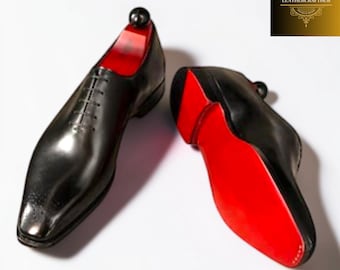 Men's Handmade Black Leather Wholecut Oxford Red Bottom Sole Lace Up Formal Dress Shoes