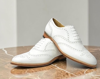 Handmade Men's White Leather Oxford Dress Shoes Made For Him