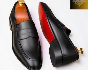Handmade Black Leather Penny Loafers with Red Sole Men's Dress Shoes