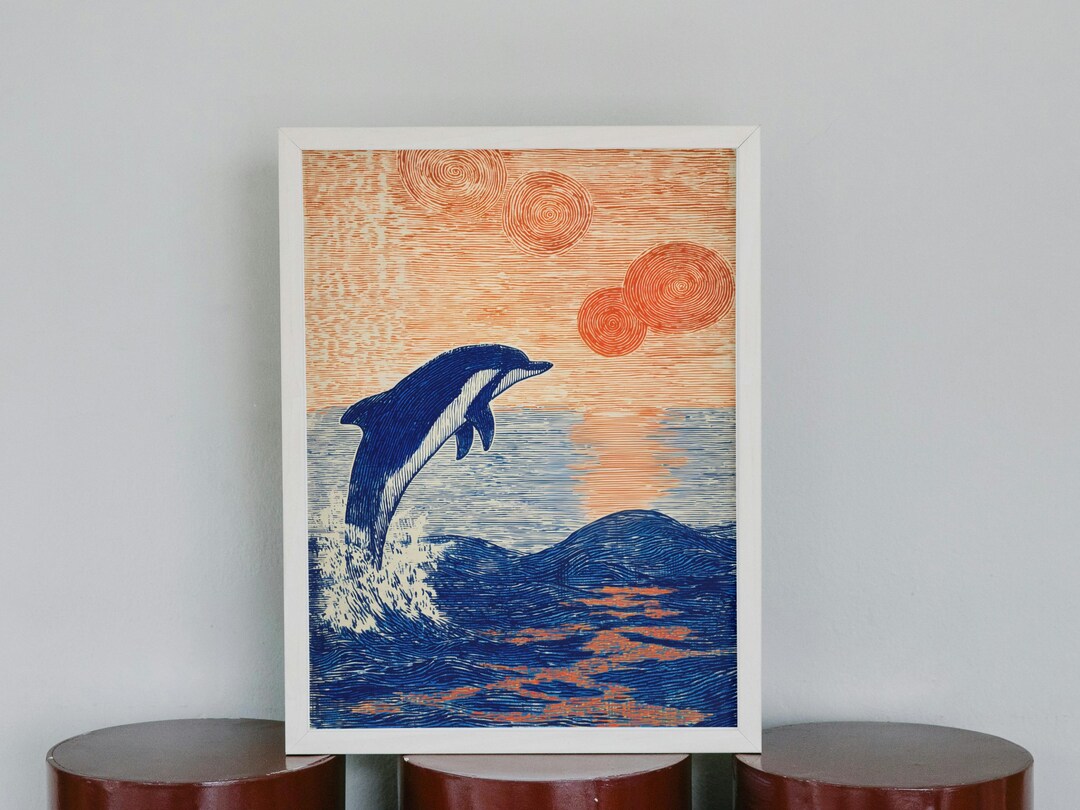 Dolphin Wall Art Poster | Ocean Sunset Print | Coastal Animal Artwork ...