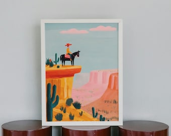 Wüstenlandschaft Poster | Cowboy Pferd Wand Kunst | Southwestern Canyon Poster | Moderne Wüste Illustration | Farbenfrohes Western Dekor