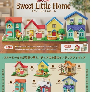 May include: A colorful display of Snoopy Sweet Little Home miniature figurines. The set includes six different houses, each with unique designs and characters. The houses are in various colors, including red, blue, yellow, and green. The text "Sweet Little Home" is displayed at the top.
