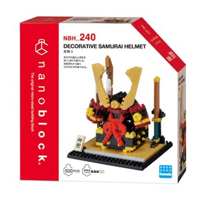May include: A nanoblock kit featuring a decorative samurai helmet. The box is red and white, with the text "DECORATIVE SAMURAI HELMET" and "500 PCS". The assembled helmet is black, red, and gold, with two gold horns.
