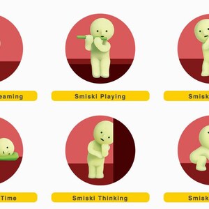 six circular illustrations of a small, white, cartoon-like figure, each depicting a different action or behavior. The illustrations include the figure napping, playing a musical instrument, hiding, thinking, and lifting.