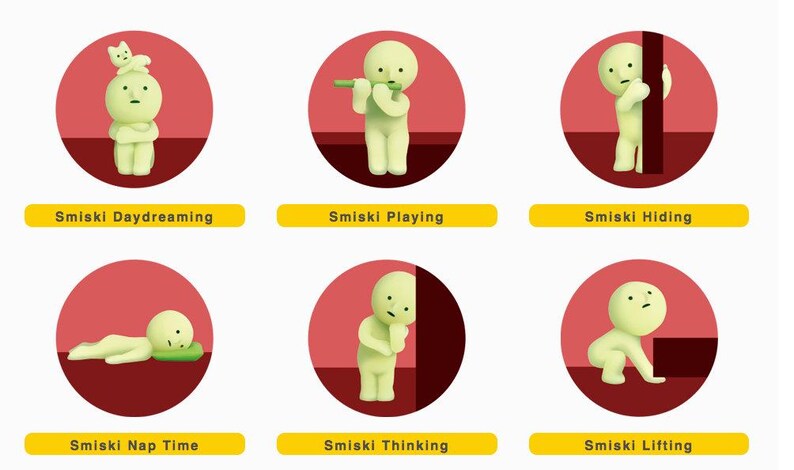 six circular illustrations of a small, white, cartoon-like figure, each depicting a different action or behavior. The illustrations include the figure napping, playing a musical instrument, hiding, thinking, and lifting.