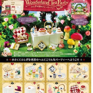 May include: A miniature Wonderland Tea Party set with a table, cakes, teacups, and a red armchair. The set includes a white rabbit, mushrooms, and other whimsical elements. The packaging features Japanese text and illustrations.