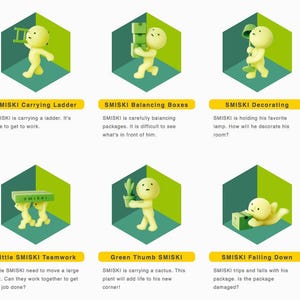 six different illustrations of SMISKI characters, each depicting a unique action or scenario. The illustrations include SMISKI carrying a ladder, SMISKI balancing boxes, SMISKI decorating, SMISKI teamwork, SMISKI carrying a cactus, and SMISKI falling down.