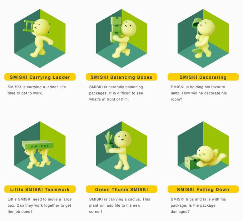 six different illustrations of SMISKI characters, each depicting a unique action or scenario. The illustrations include SMISKI carrying a ladder, SMISKI balancing boxes, SMISKI decorating, SMISKI teamwork, SMISKI carrying a cactus, and SMISKI falling down.