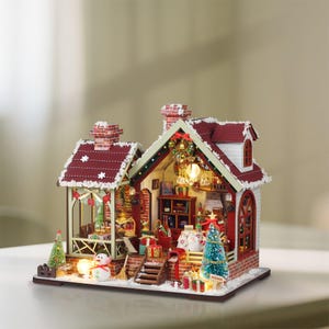 DIY Miniatyrhus-kit - Mysig Jul (Vinterscen, Dockhus i Trä)