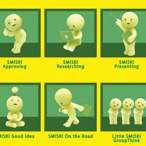 The image is a collage of six images featuring a small white figurine in various poses and actions, each labeled with a different SMISKI phrase.