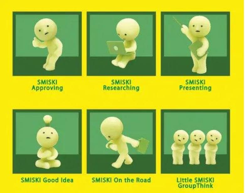 The image is a collage of six images featuring a small white figurine in various poses and actions, each labeled with a different SMISKI phrase.