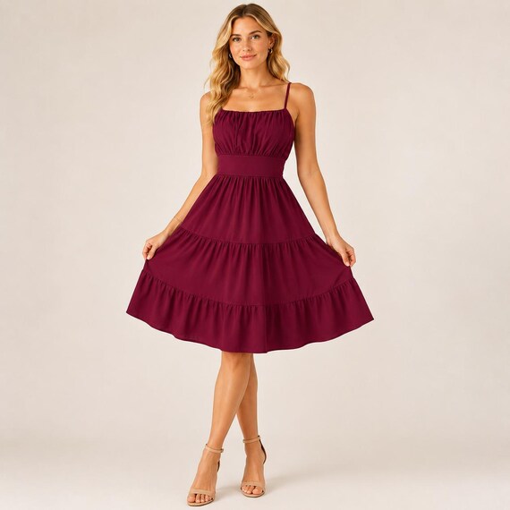 tiered ruffle skirt dress knee length Sundress, Spaghetti Strap Length, Polyester Summer Party African style