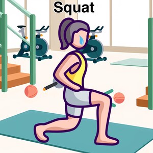Pode incluir: Ilustração de uma pessoa a fazer um exercício de agachamento búlgaro. A imagem inclui o texto "Bulgarian Split Squat" e "Still shaking". A pessoa está a usar um top amarelo e calções cinzentos, com uma barra e duas bolas laranja.