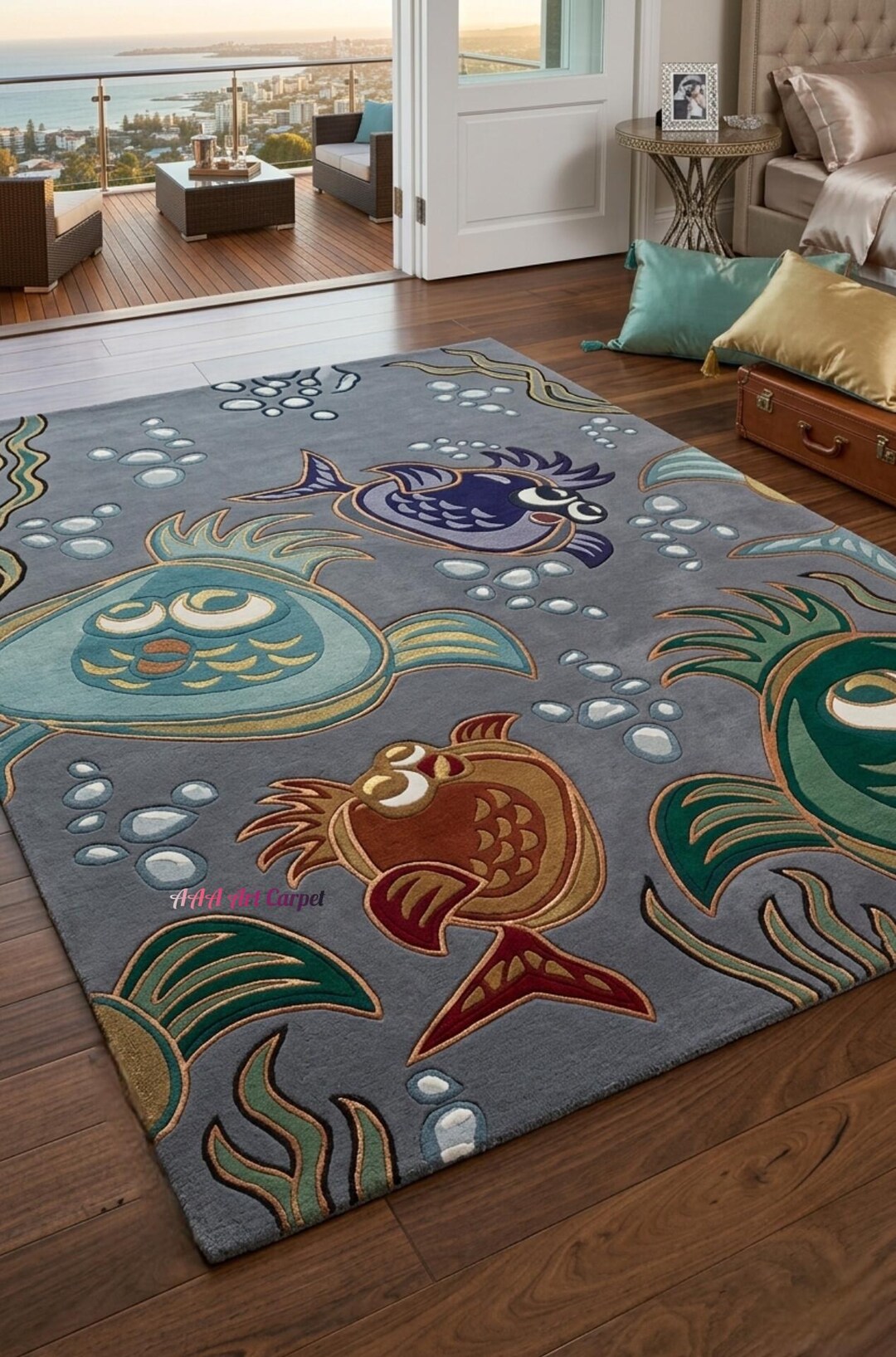 Hand Tufted Ocean Fish Area Rug – Coastal Marine Carpet for Kids ...