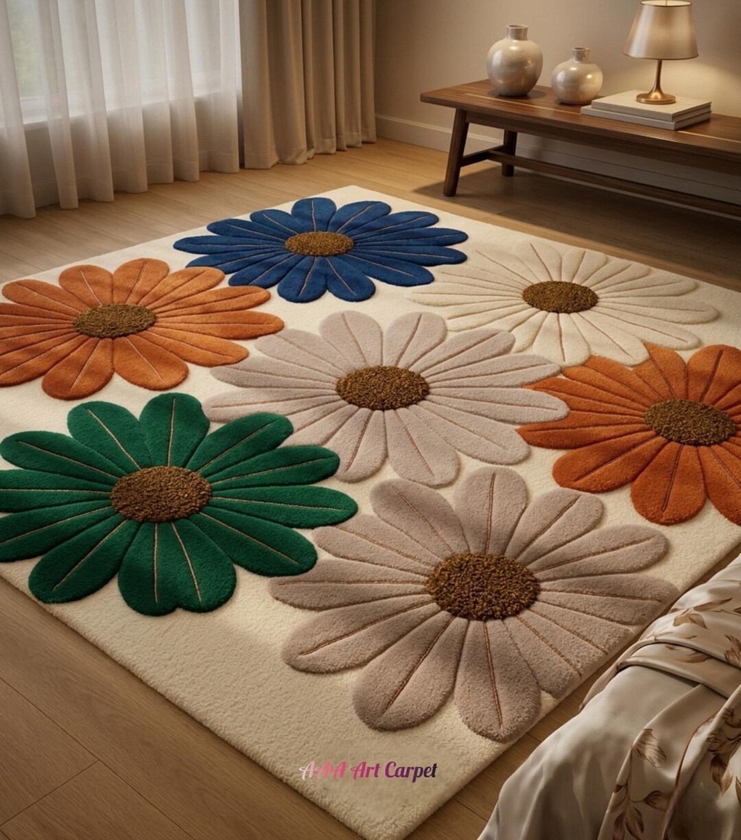 Hand Tufted Wool Daisy Area Rug – Multicolor Botanical Carpet for ...