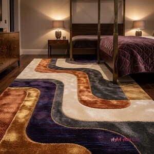 Hand Tufted Modern Geometric Carpet, Beige Base with Blue Gold Rust Pattern Rug Contemporary Designer Bedroom Rug, Luxury Artistic Floor Rug