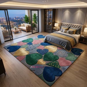 Colorful Heart Patchwork Hand Tufted Area Rug – Modern Love-Themed Wool Carpet for Bedroom, & Kids Space, Soft Plush Designer Floor Rug