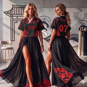May include: Black crop top and skirt set with red accents. The top features a V-neck and red circular designs. The skirt has a high slit and red floral patterns at the hem. The back of the top has the word "ARMY" and the number "07".