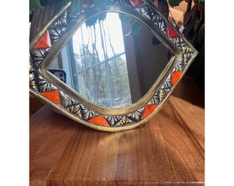 Vintage Diamond Brass Mirror Orange Inlay Silver Leaf Repousse Boho Wall Decor