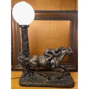 Horse Jockey Bronze Finish Sculpture Vintage "The Vision" Table Lamp Globe Shade