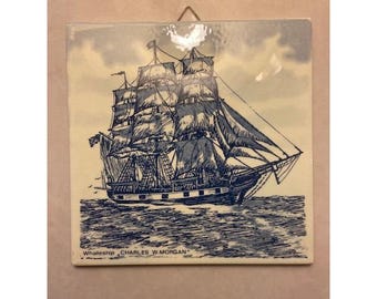 Vintage Blue Delft Whaleship Charles W Morgan Tile Mettlach Germany Holland Ship