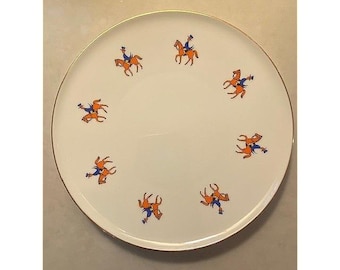 Vintage Bavaria Germany Porcelain Plate Equestrian Fox Hunt Horse Rider Gold Rim